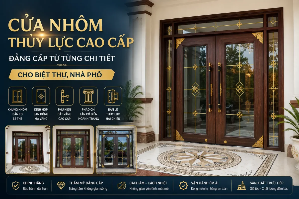 Cửa nhôm thủy lực cao cấp khung vân gỗ sang trọng