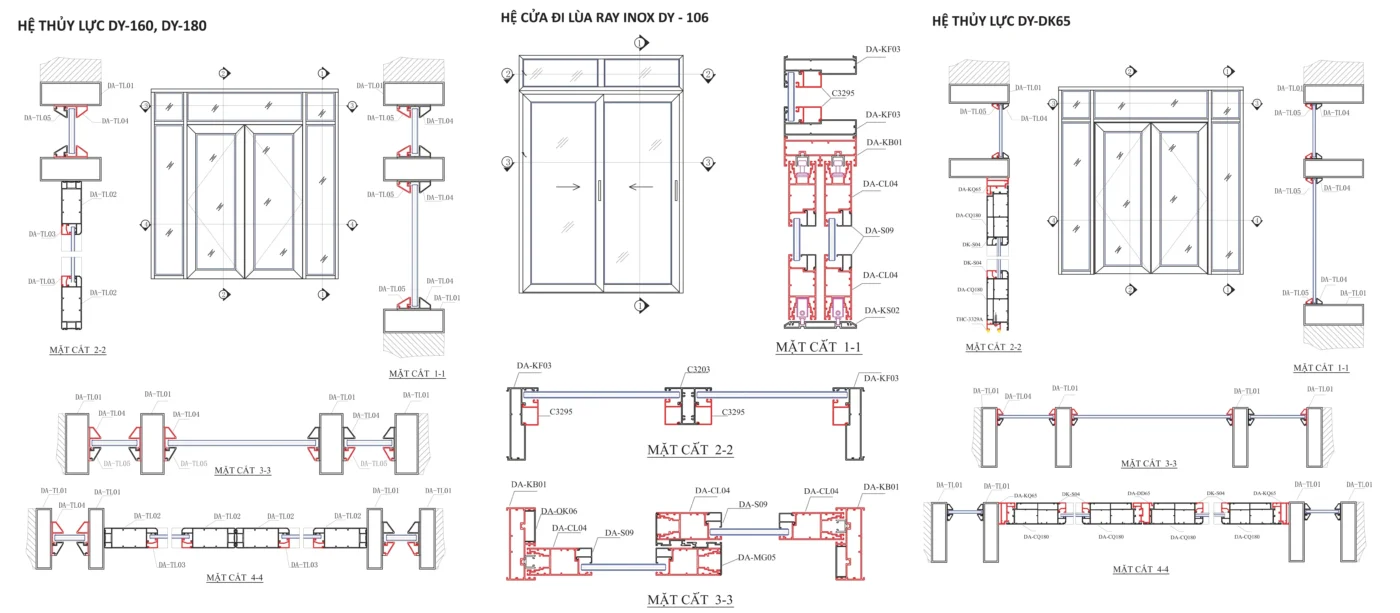 Bản vẽ kỹ thuật hệ cửa cao cấp nhôm Đông Á DY-180, DY-160, DY-65, DY-106