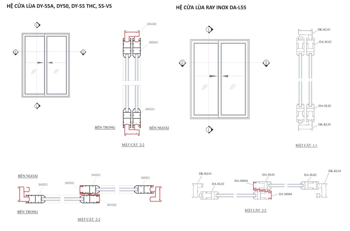 ản vẽ kỹ thuật hệ cửa lùa nhôm Đông Á DY-172, DY-55A, DY-50
