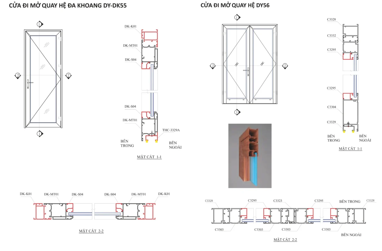 Bản vẽ kỹ thuật hệ cửa mở quay nhôm Đông Á DY-56, DY-55