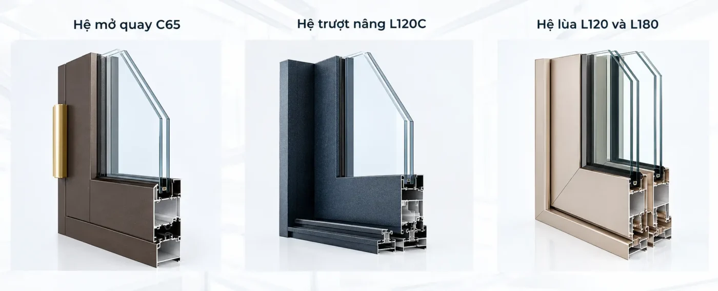 Cửa nhôm Seaaluk hệ mở quay C65, trượt nâng L120C, lùa L120, L180