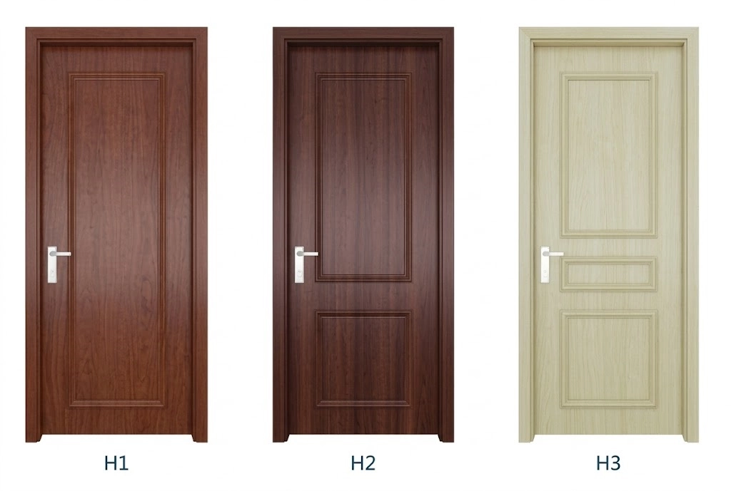 Cửa composite có một ô, hai ô và ba ô nổi màu nâu đỏ, nâu đậm và vàng kem