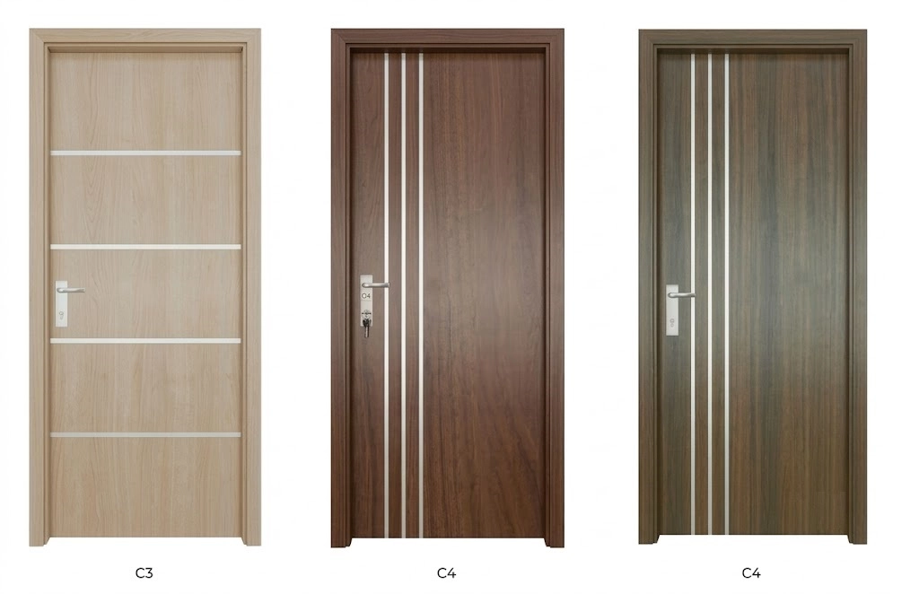Cửa composite gắn nẹp inox: nẹp ngang màu kem, nẹp dọc màu nâu và màu xám