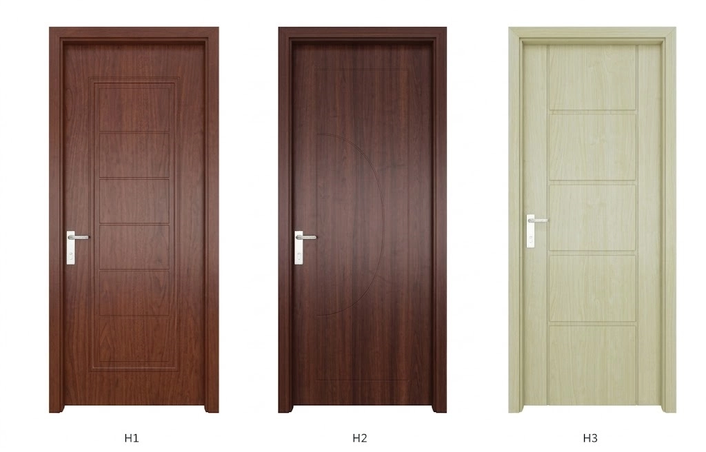 Ba mẫu cửa composite khắc rãnh: rãnh ngang nâu đỏ, rãnh cong nâu đậm, rãnh ngang màu kem