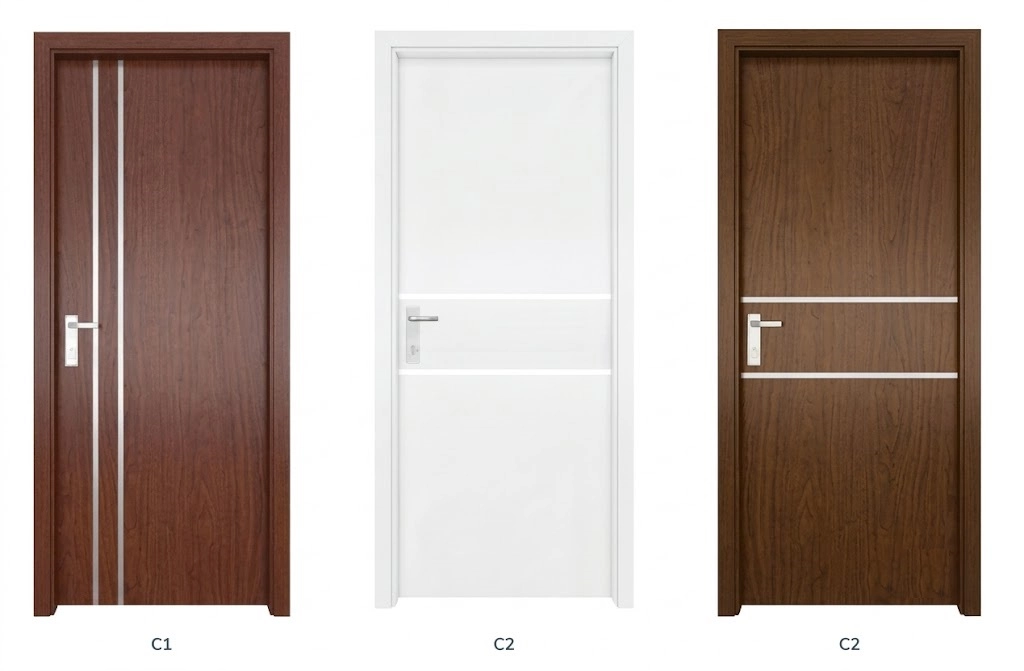 Cửa composite nẹp dọc màu nâu đỏ và nẹp ngang màu trắng, màu nâu