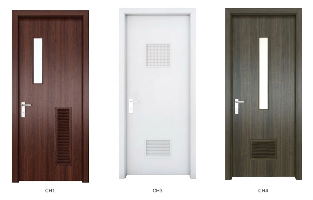 Ba mẫu cửa composite nhà vệ sinh có ô kính và ô lá sách thông gió