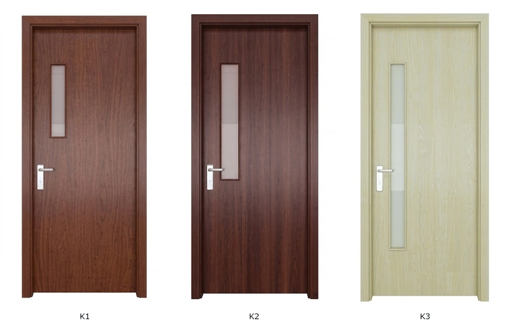 Ba mẫu cửa composite có ô kính mờ hình chữ nhật dài màu nâu đỏ, nâu đậm và kem
