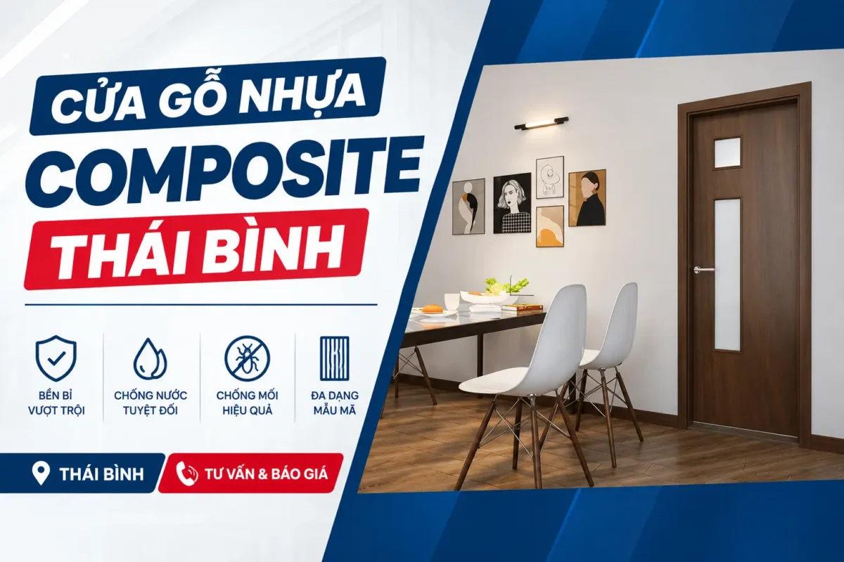 cửa gỗ nhựa composite Thái Bình: cửa nâu có ô kính, bền, chống nước, chống mối, nhiều mẫu