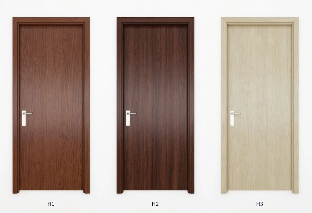 Ba mẫu cửa gỗ nhựa composite cánh phẳng vân gỗ nâu đỏ, nâu đậm và vàng kem