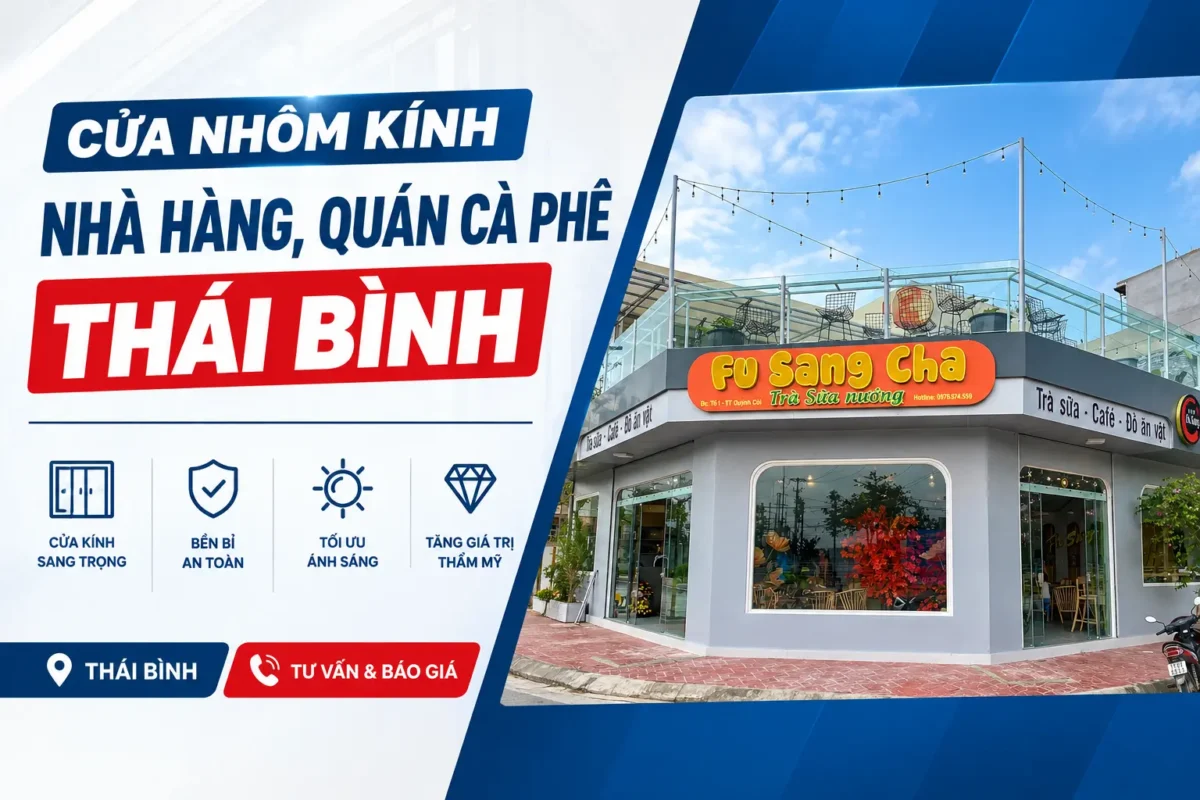 Cửa nhôm kính nhà hàng, quán cà phê Thái Bình: ảnh quán góc phố có cửa kính và sân thượng lan can kính