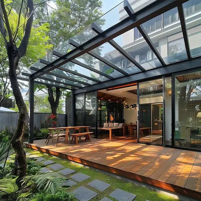 Làm mái kính ở Thái Bình: mái kính khung thép đen che sân gỗ, bộ bàn ghế gỗ đặt dưới tán cây