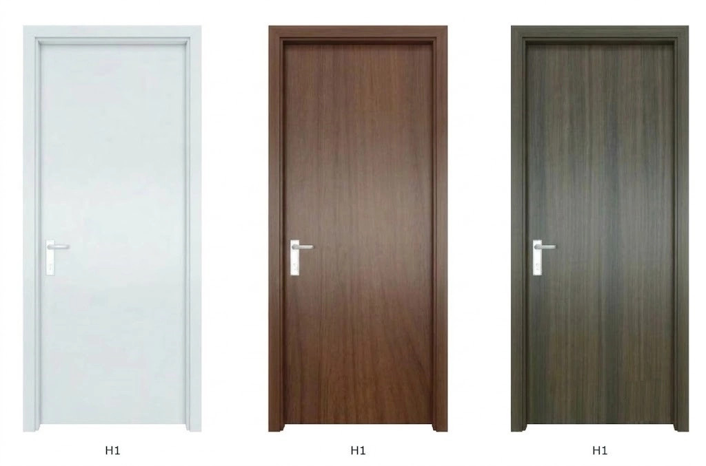 Mẫu cửa composite đẹp dạng phẳng gồm ba màu trắng, nâu đỏ và xám tro