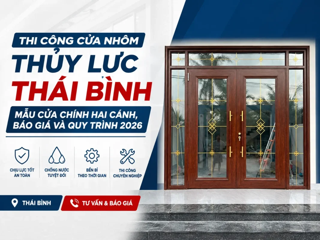 Ảnh bìa bài viết thi công cửa nhôm thủy lực Thái Bình, mẫu cửa chính hai cánh vân gỗ
