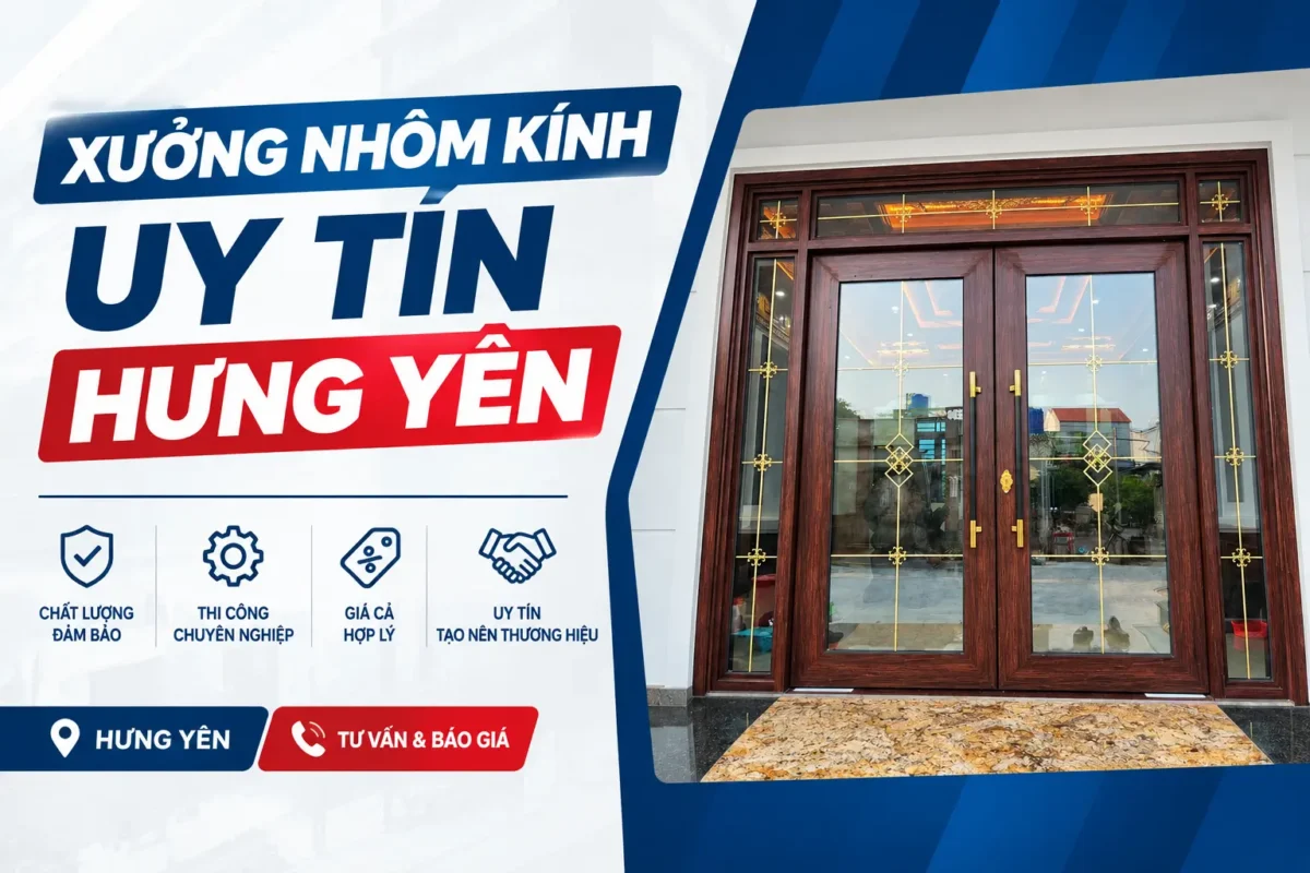 Xưởng nhôm kính uy tín Hưng Yên: ảnh bìa cửa đi hai cánh vân gỗ, tư vấn và báo giá